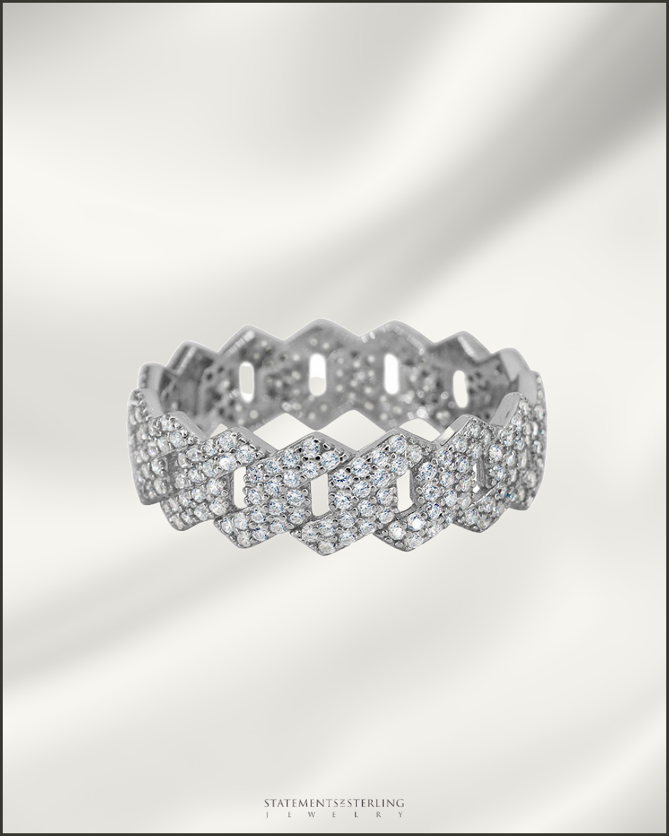 Sterling Silver Men's Miami Cuban Ring with Cubic Zirconia in Rhodium