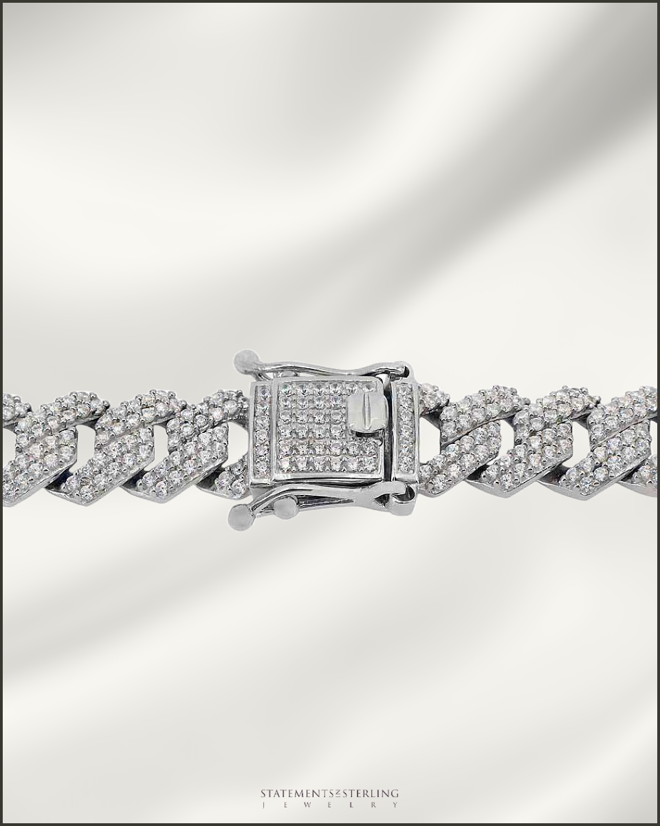 Italian Sterling Silver Miami Cuban Chain with Cubic Zirconia in Rhodium - 12mm