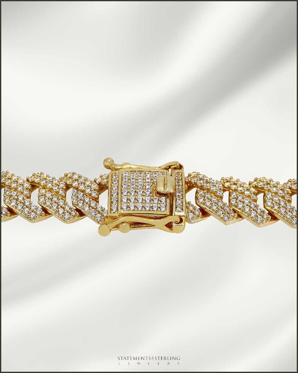 Italian Sterling Silver Miami Cuban Chain with Cubic Zirconia in 14k Gold Vermeil - 10mm
