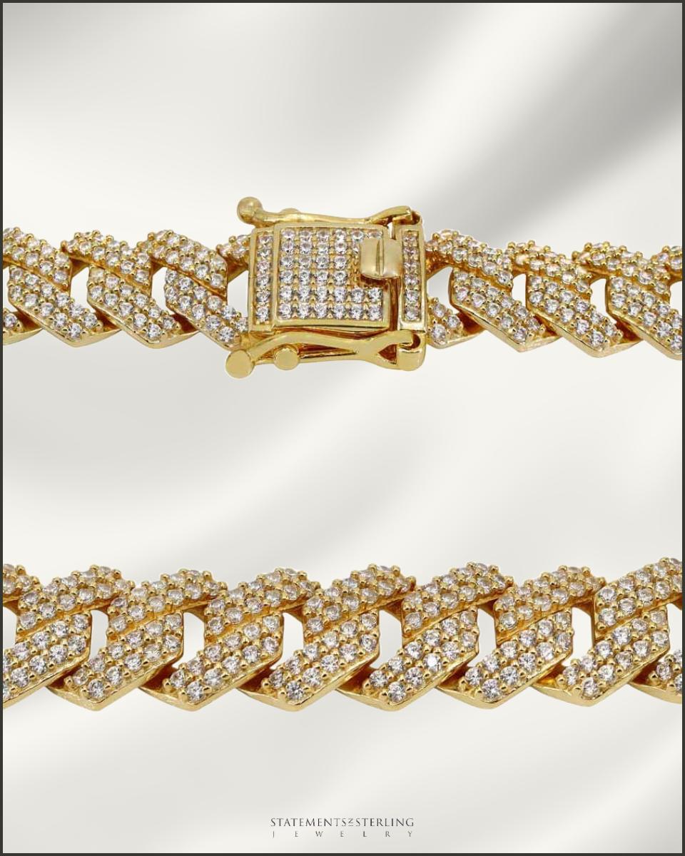 Italian Sterling Silver Miami Cuban Chain with Cubic Zirconia in 14k Gold Vermeil - 10mm