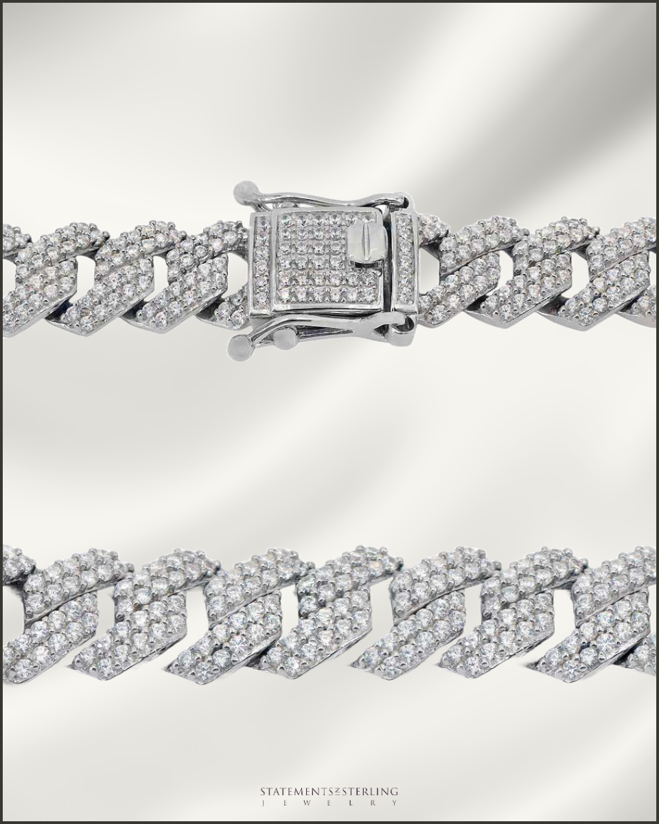 Italian Sterling Silver Miami Cuban Chain with Cubic Zirconia in Rhodium - 12mm