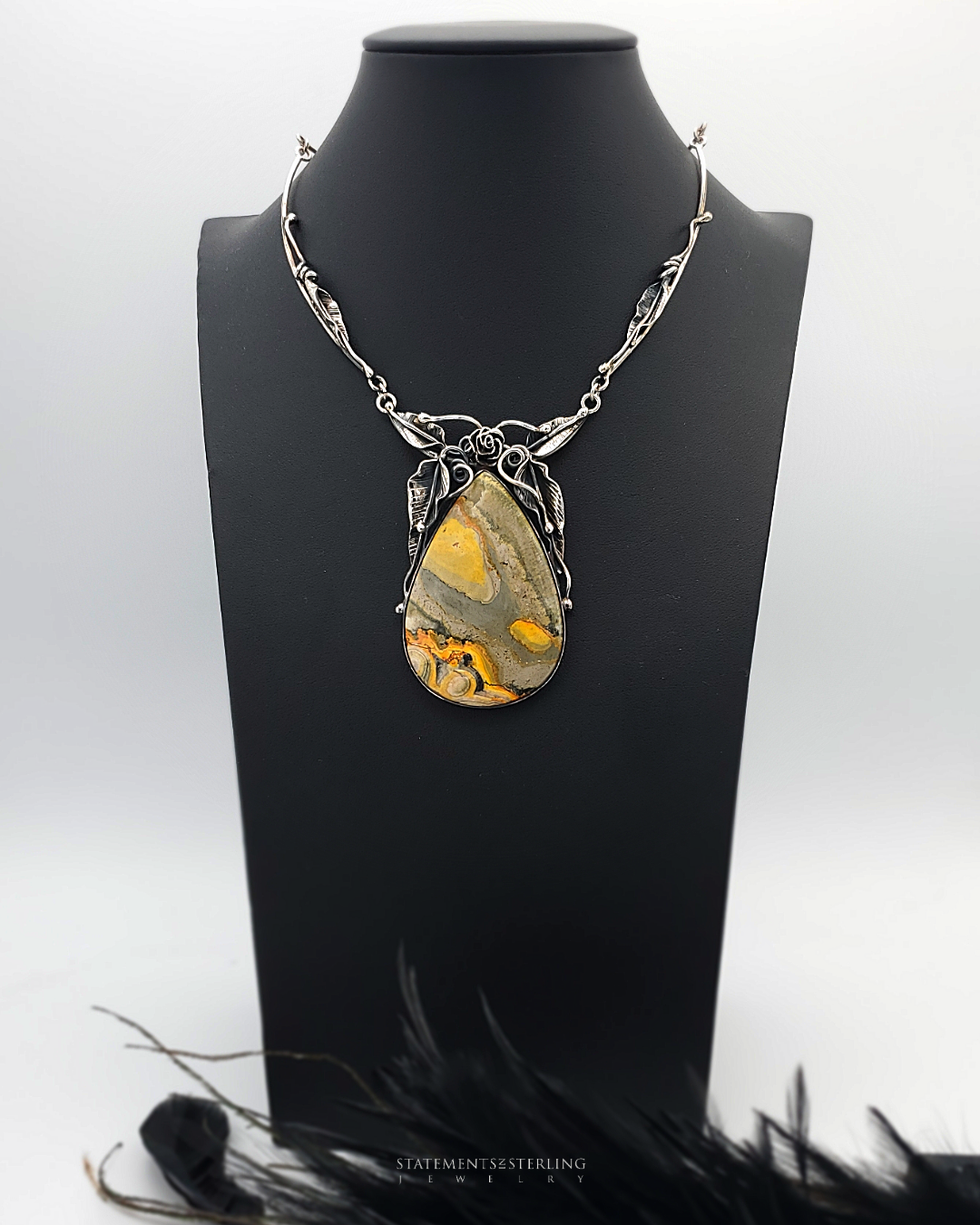 Bumblebee Jasper and Sterling Silver Leaves Necklace