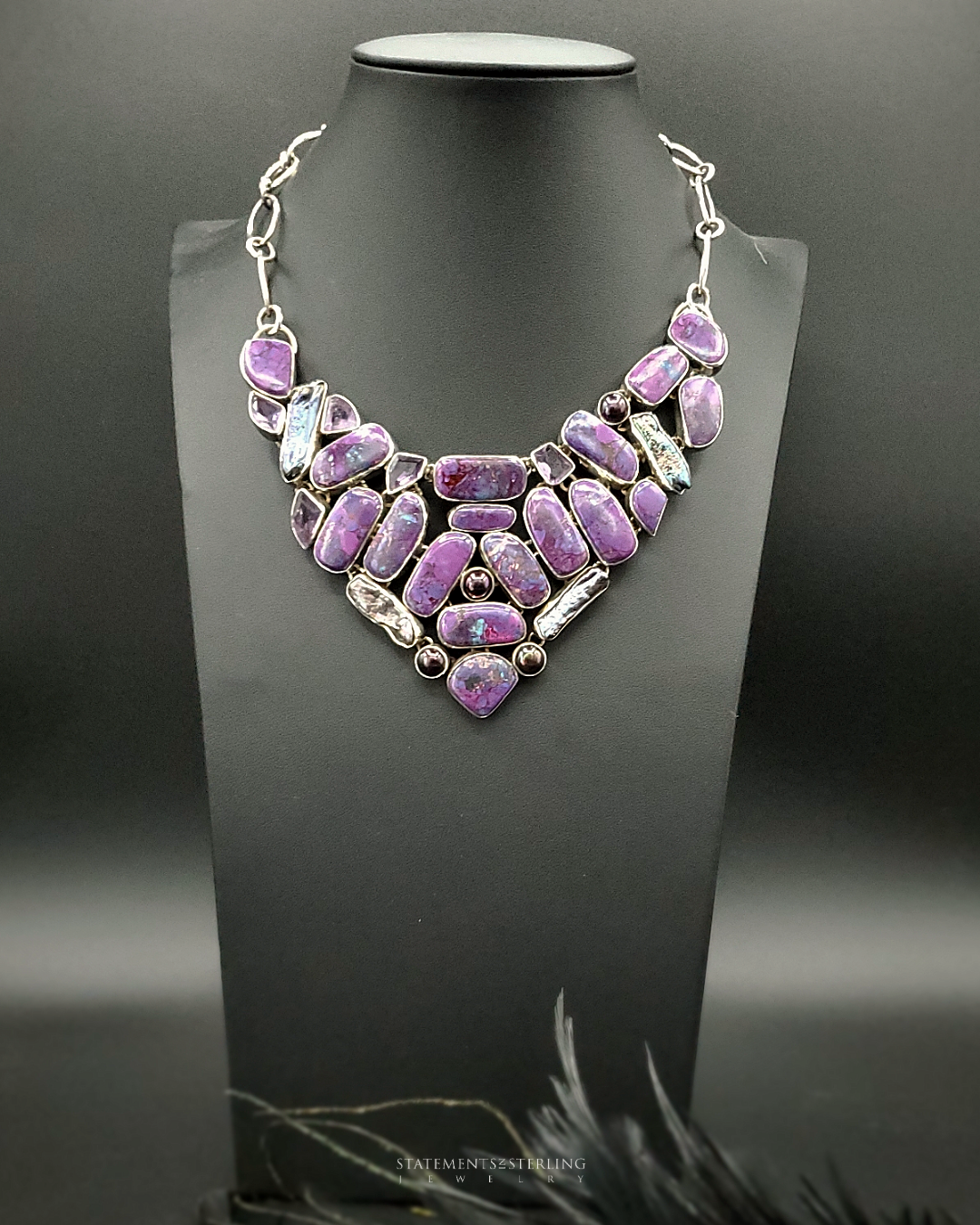 Purple Copper Turquoise, Amethyst, Biwa Pearl and Sterling Silver Necklace