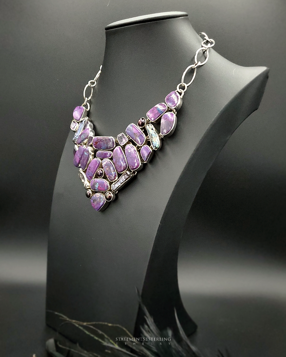 Purple Copper Turquoise, Amethyst, Biwa Pearl and Sterling Silver Necklace