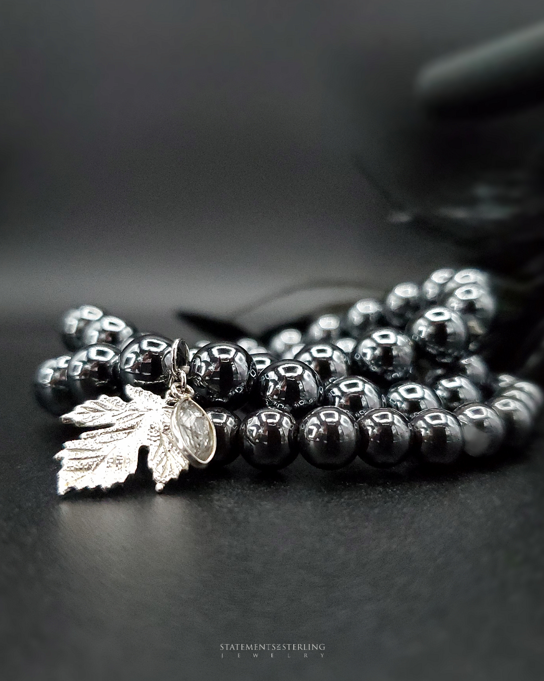 Hematite and Sterling Silver Beaded Leaf Bracelet Set