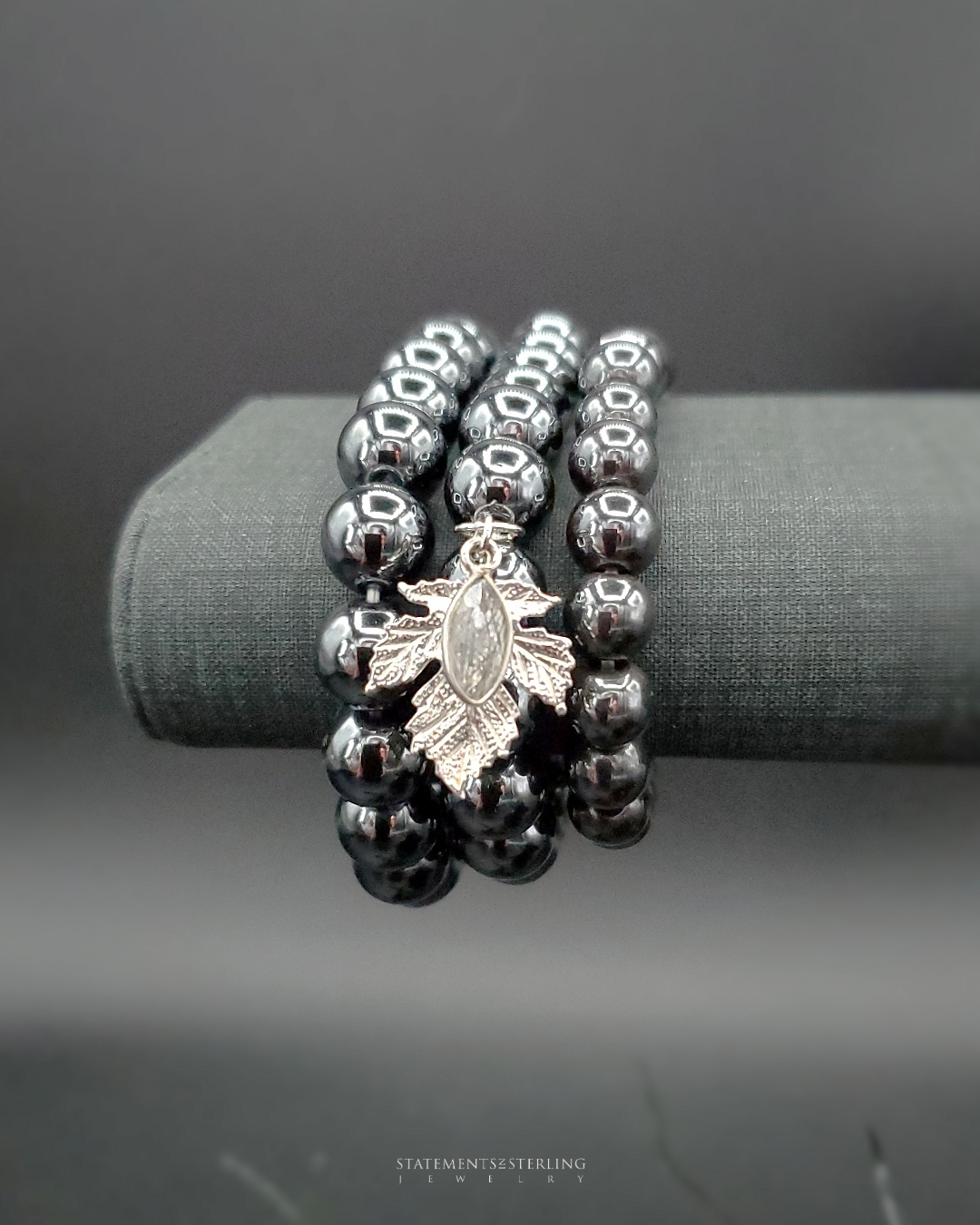 Hematite and Sterling Silver Beaded Leaf Bracelet Set