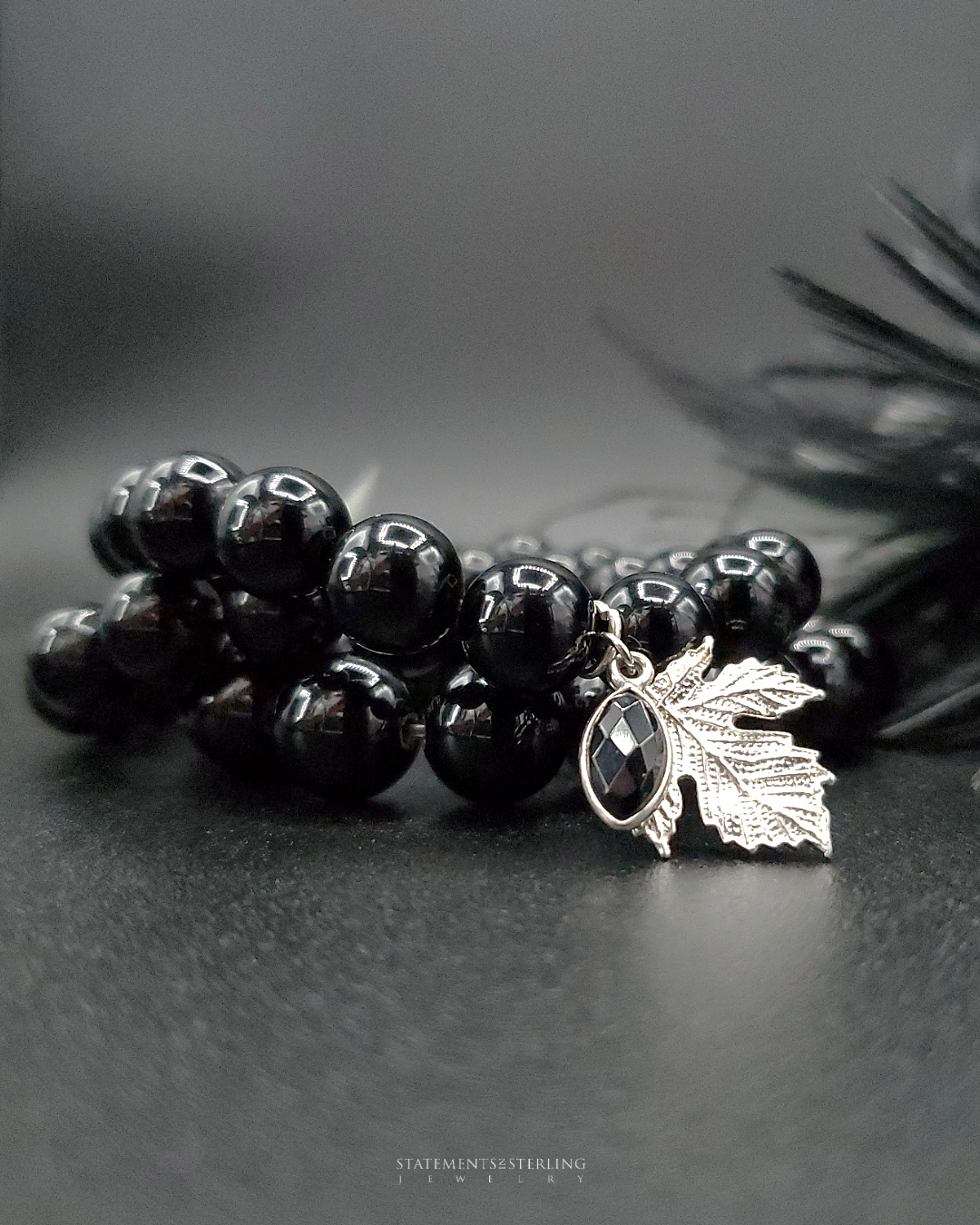 Black Obsidian and Sterling Silver Beaded Leaf Bracelet Set