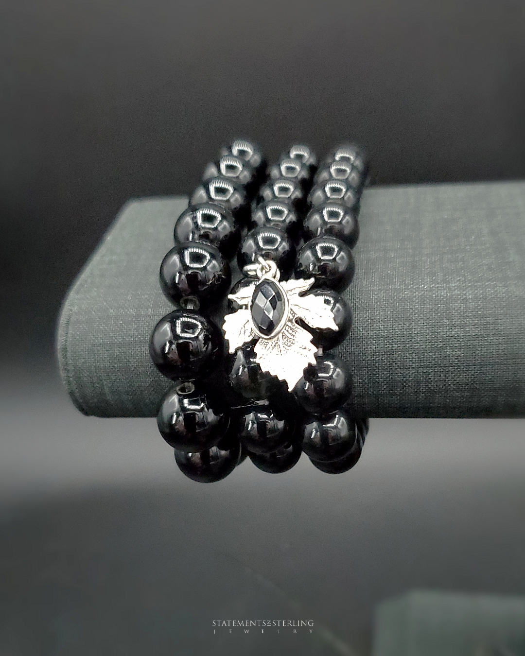 Black Obsidian and Sterling Silver Beaded Leaf Bracelet Set