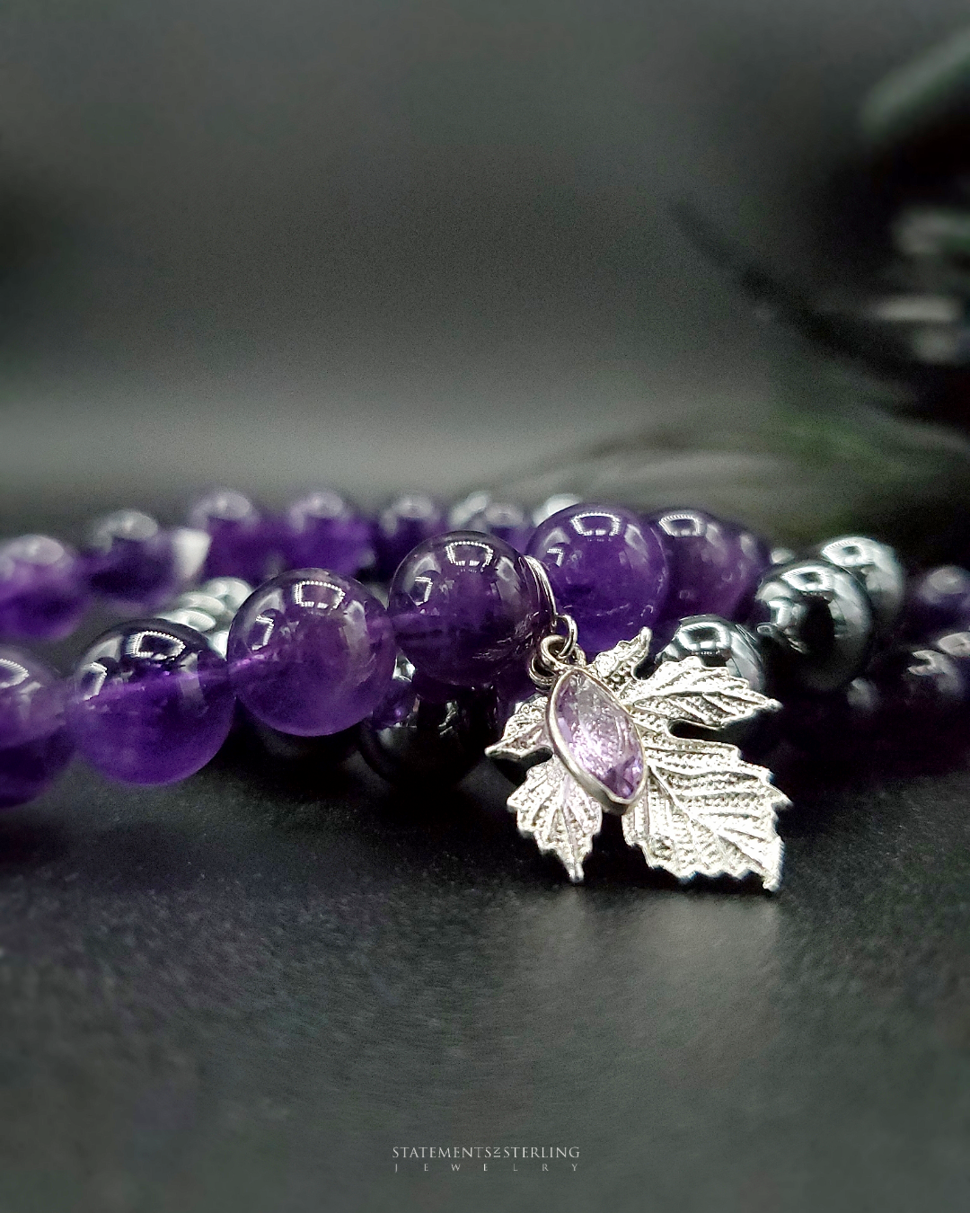 Amethyst, Hemetite and Sterling Silver Beaded Leaf Bracelet Set