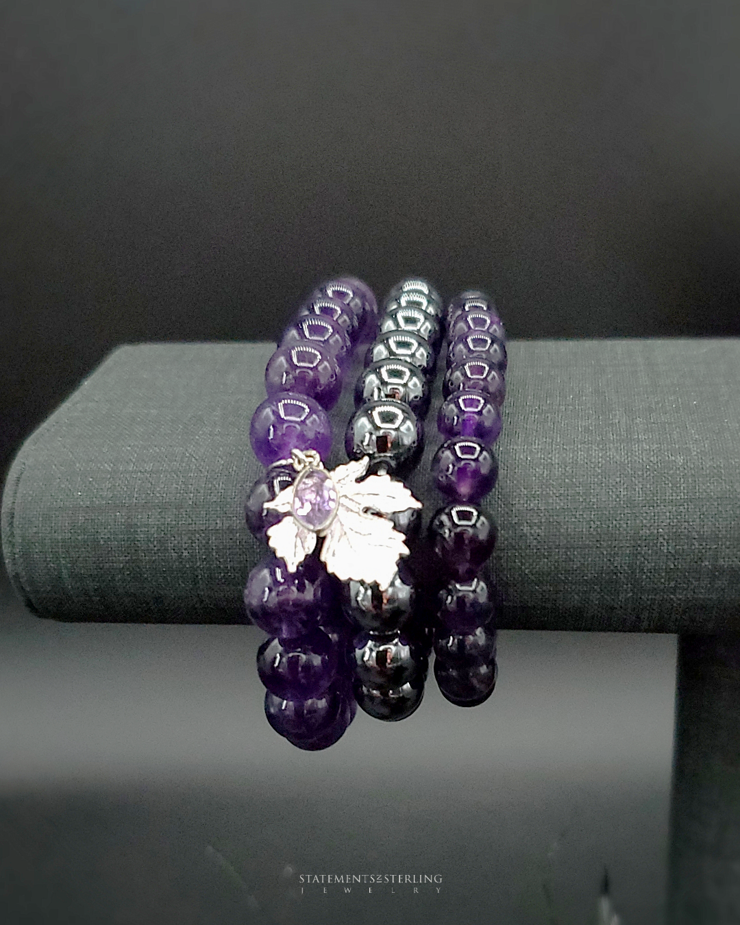 Amethyst, Hemetite and Sterling Silver Beaded Leaf Bracelet Set