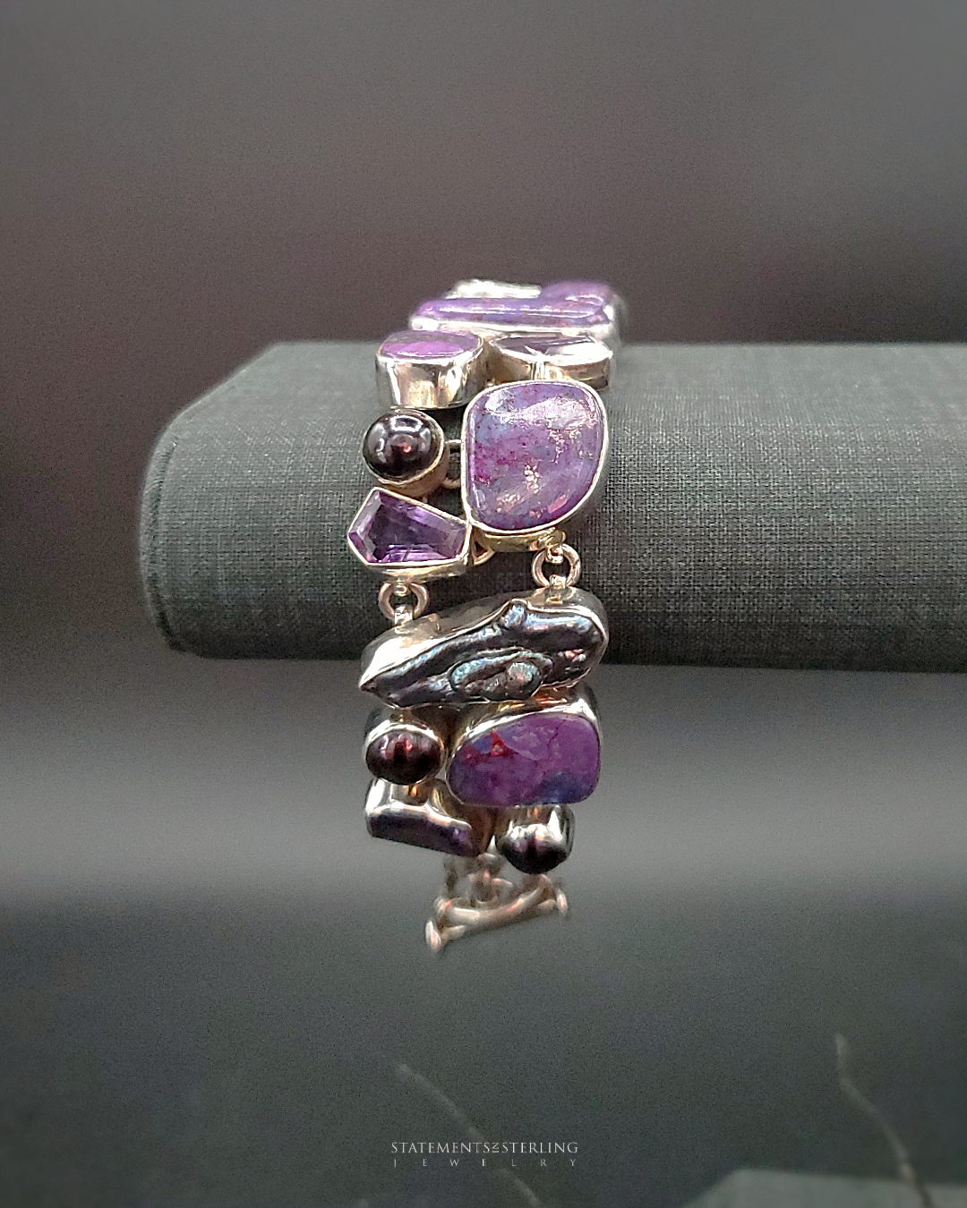 Purple Copper Turquoise, Amethyst, Biwa Pearl and Sterling Silver Bracelet