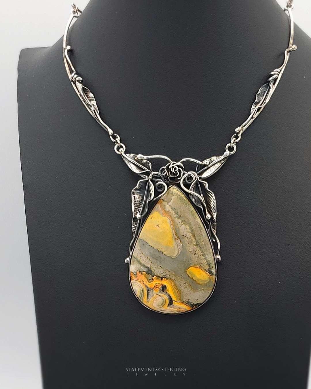 Bumblebee Jasper and Sterling Silver Leaves Necklace