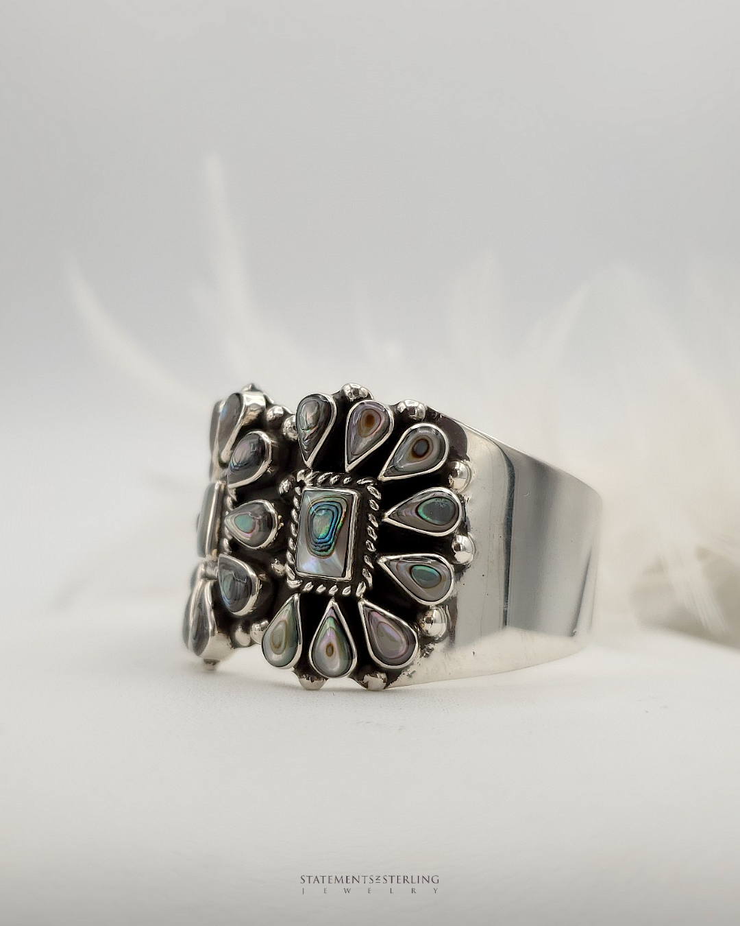 Abalone Shell Inlay and Sterling Silver Teardrop Cuff Bracelet