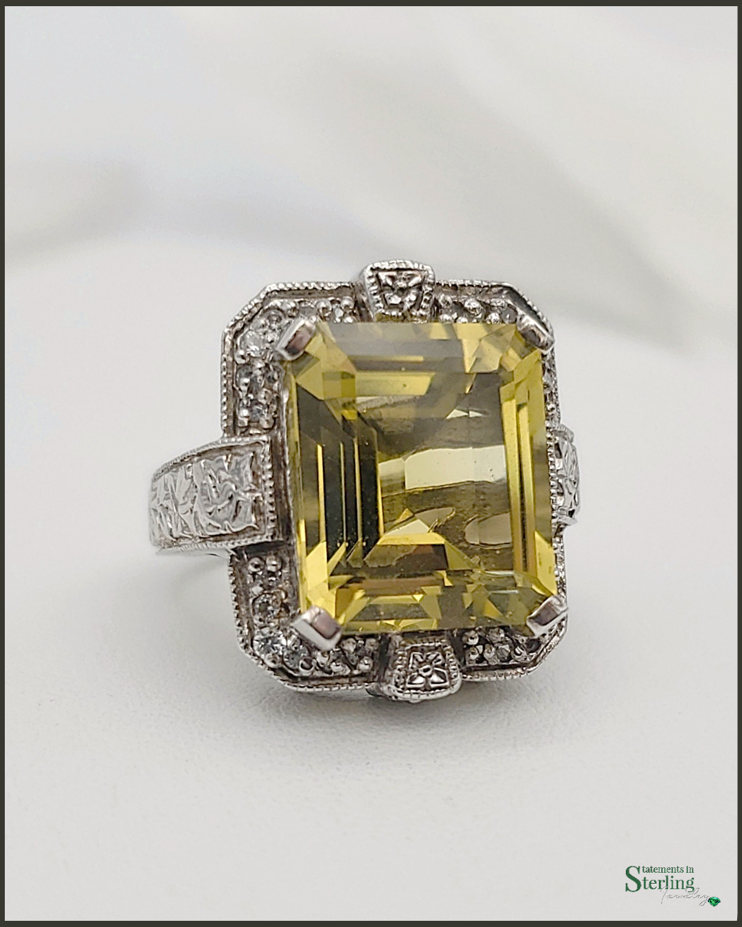 Vintage Citrine, Zircon and Sterling Silver Art Deco Ring