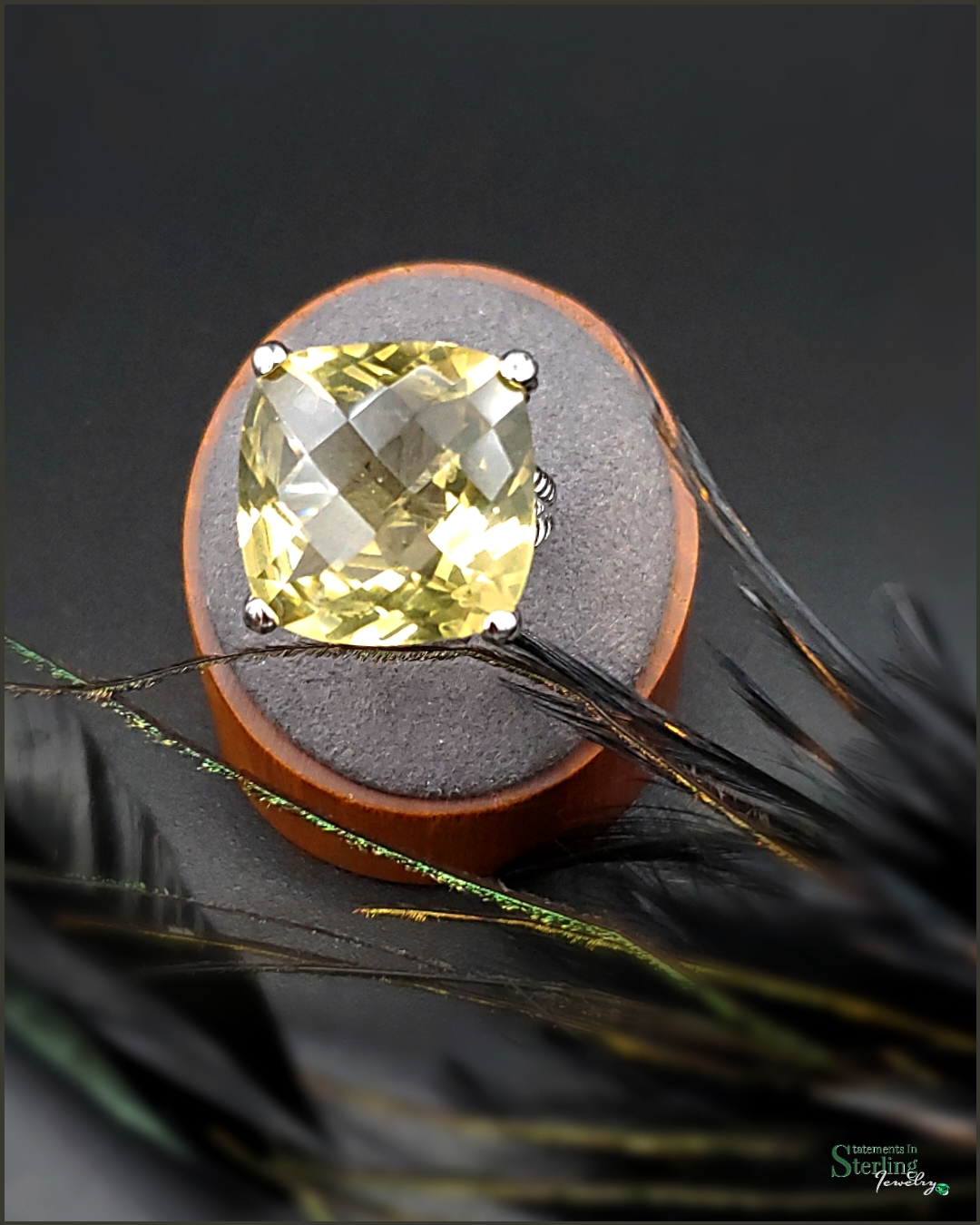 Vintage Cushion Cut Lemon Quartz and Sterling Silver Cocktail Ring .