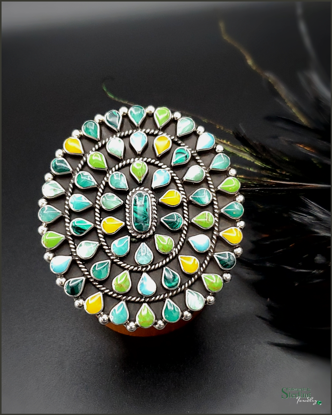 Multi Gemstone and Sterling Silver Teardrop Cluster Ring in Green
