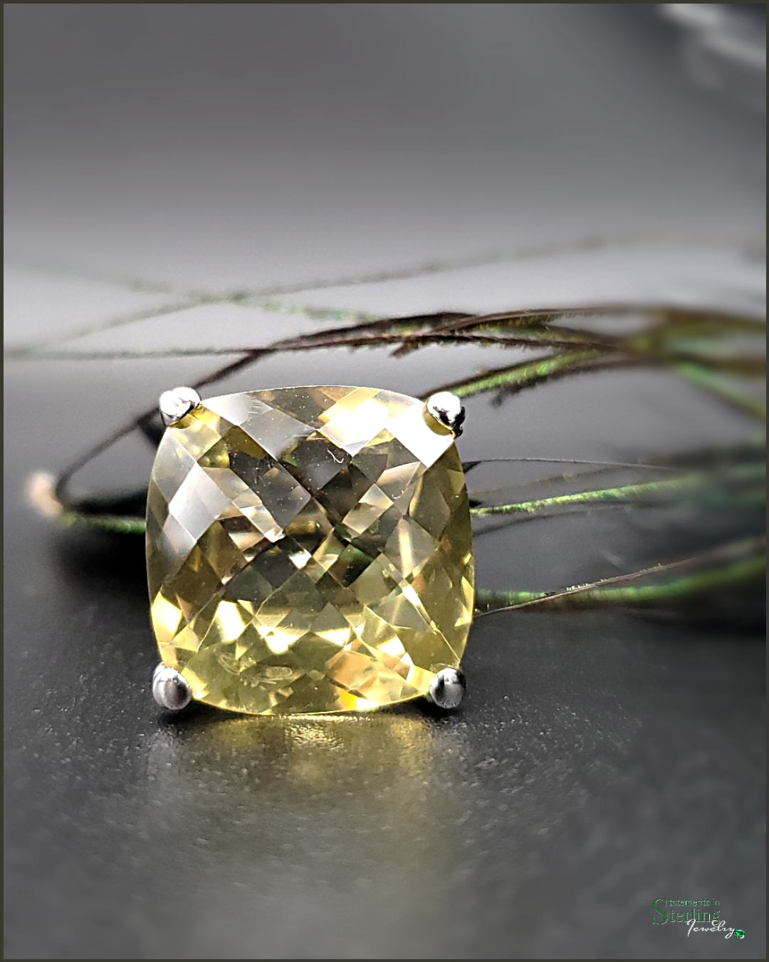 Vintage Cushion Cut Lemon Quartz and Sterling Silver Cocktail Ring .