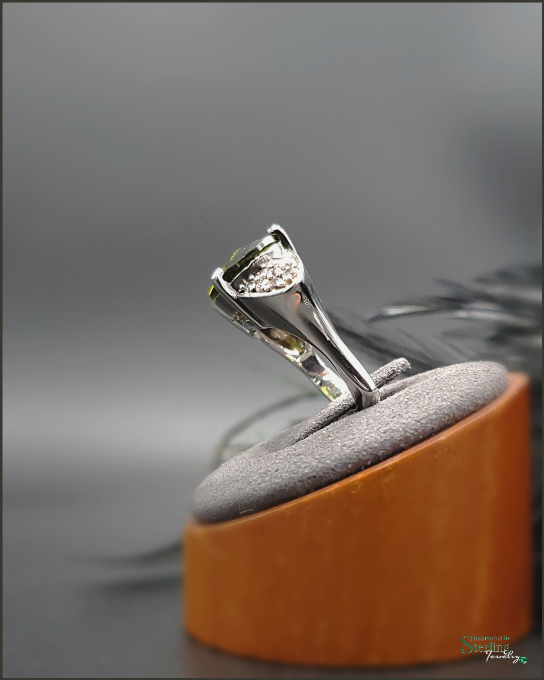 Olive Green Peridot, White Topaz and Sterling Silver Elegance Ring