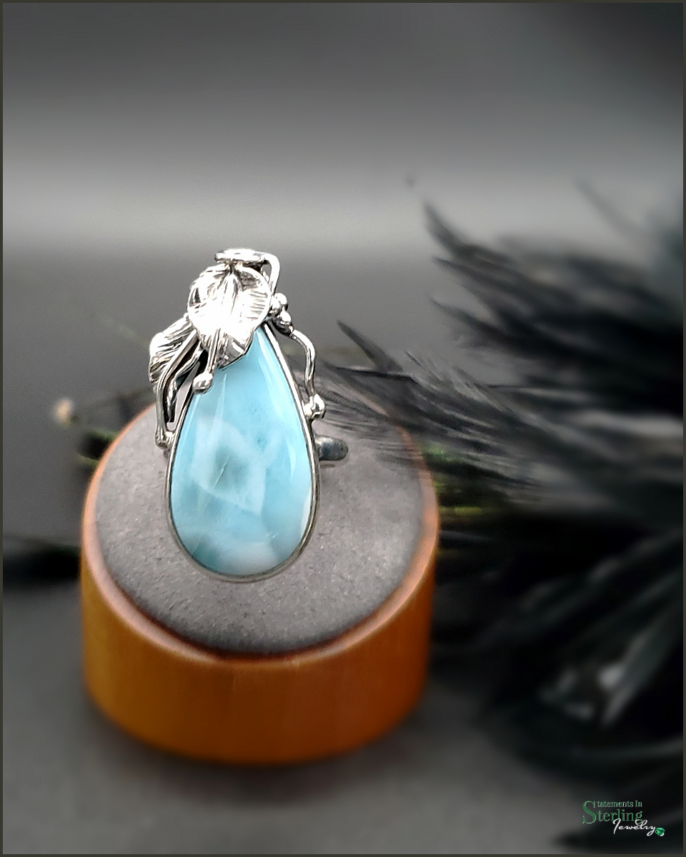 Caribbean Larimar and Sterling Silver Leaves Ring