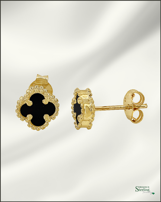 10k Gold Clover Stud Earrings in Black Onyx