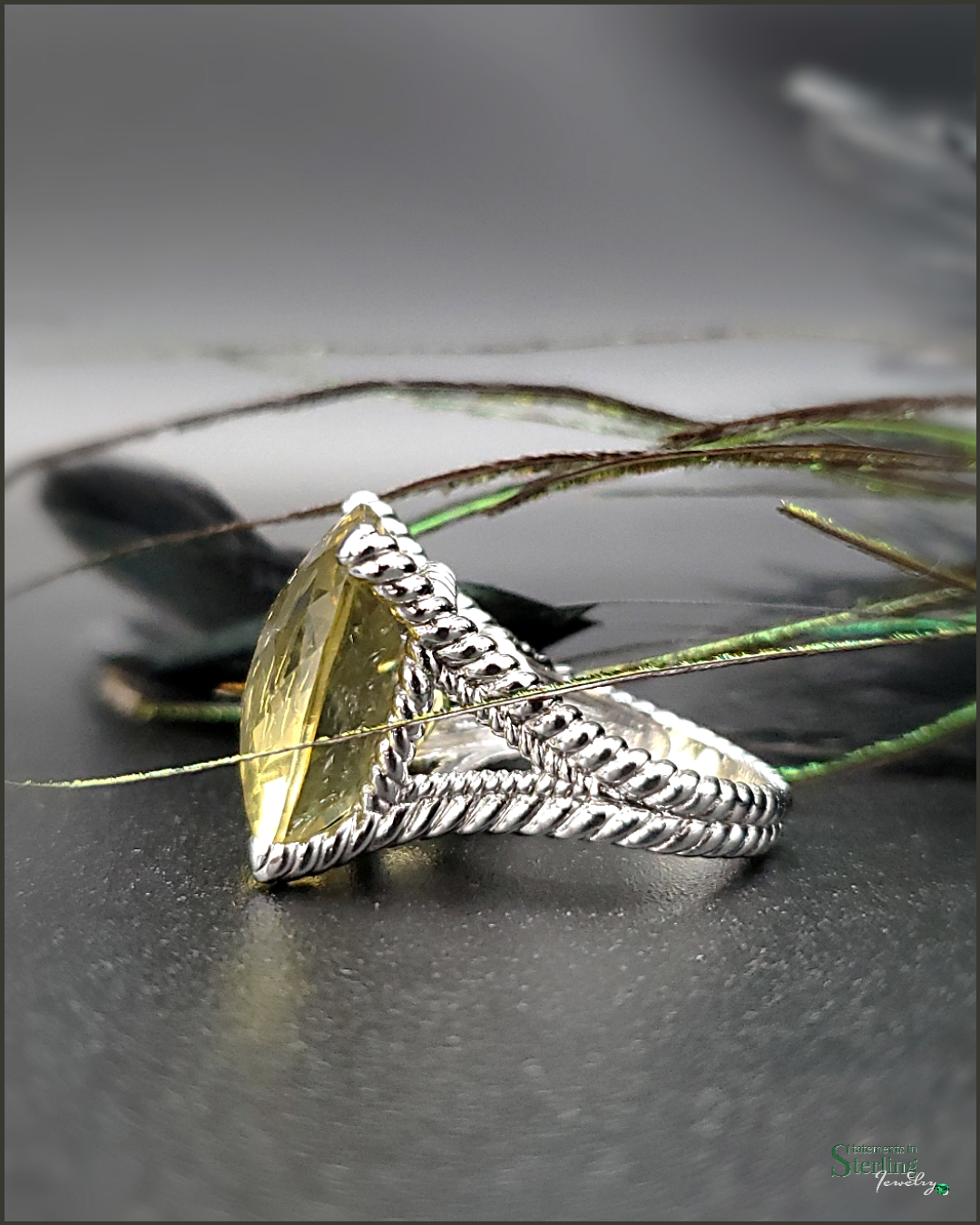 Vintage Cushion Cut Lemon Quartz and Sterling Silver Cocktail Ring .
