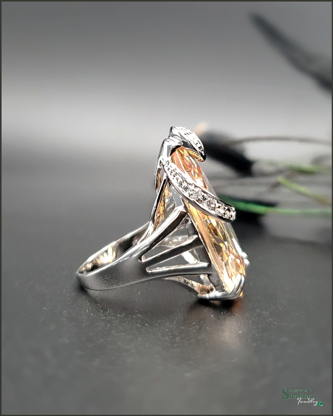 Peach Quartz, White Topaz and Sterling Silver Ring