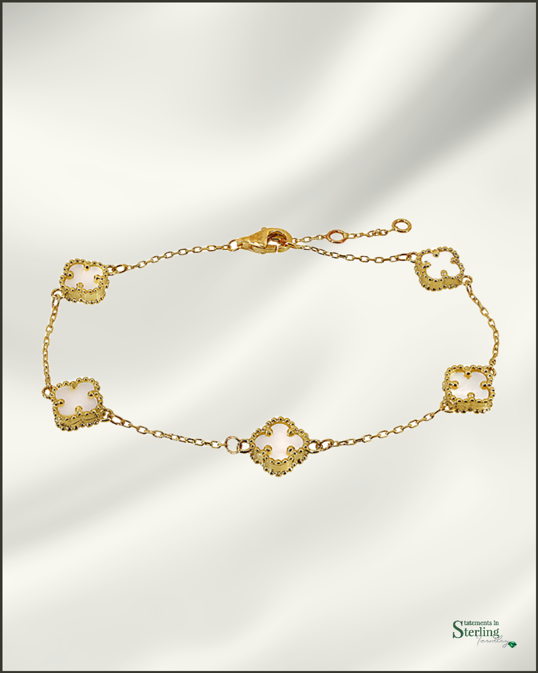 10k Gold Clover Station Bracelet in Pearl