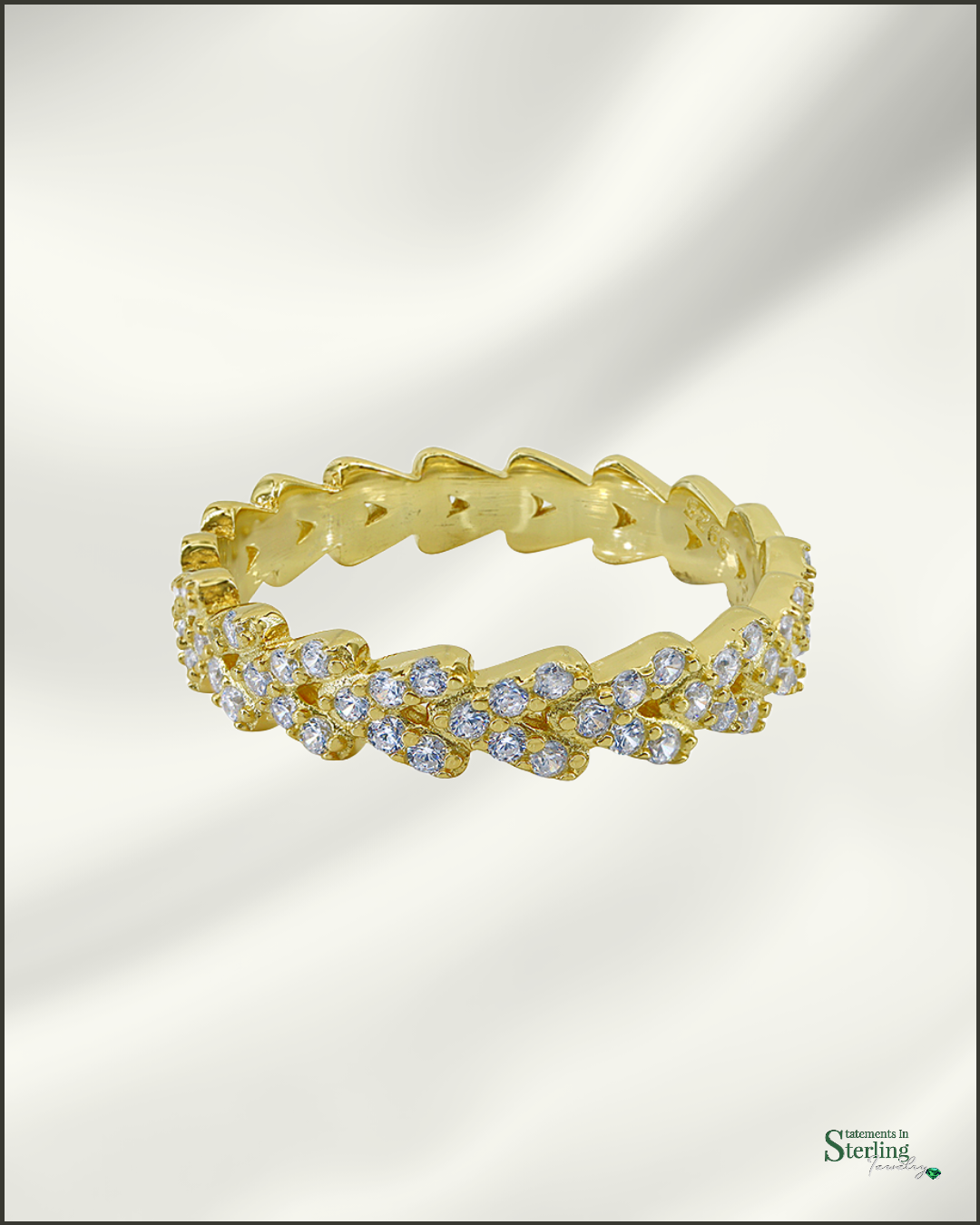 Sterling Silver Chevron Eternity Band Ring with Cubic Zirconia in Gold