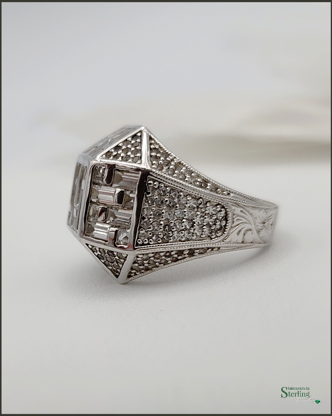 Vintage White Zircon and Sterling Silver Art Deco Ring