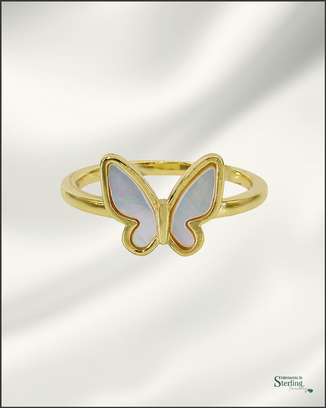 Sterling Silver Mother of Pearl Butterfly Ring in Gold