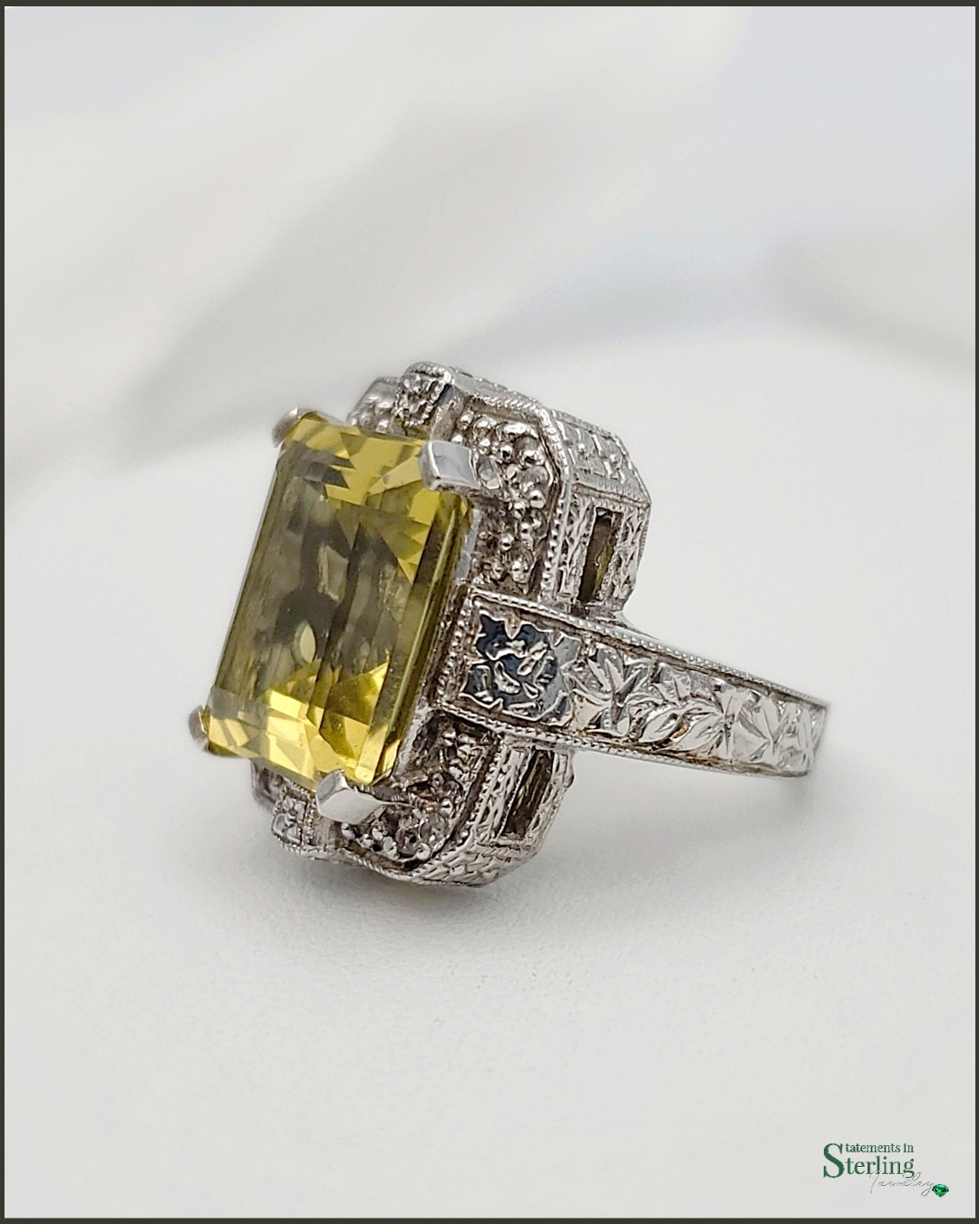 Vintage Citrine, Zircon and Sterling Silver Art Deco Ring