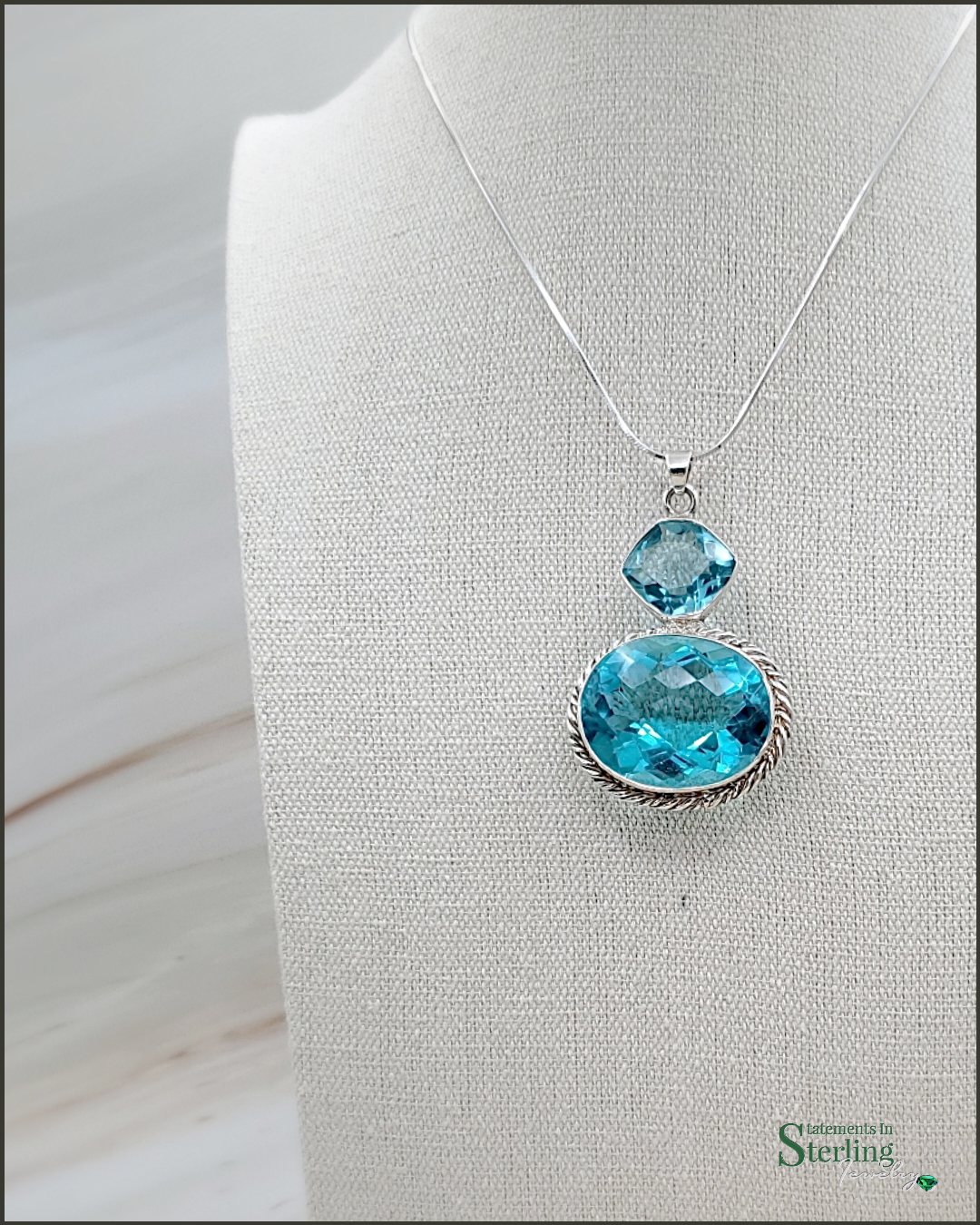 Sky Blue Quartz and Sterling Silver Two Stone Pendant