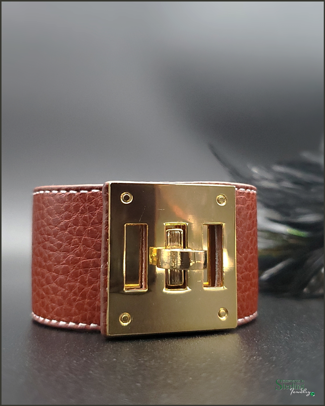 Kelly Style Lock Bracelet in Brown Lambskin Leather and Stainless Steel