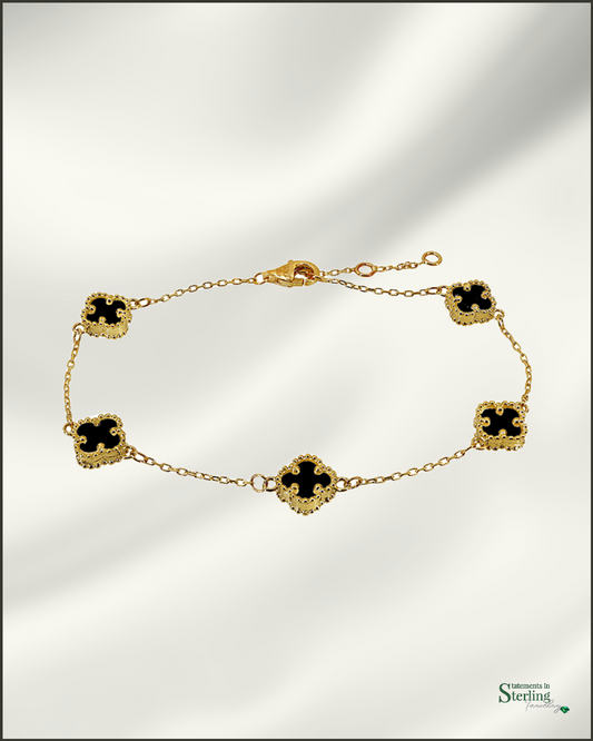 10k Gold Clover Station Bracelet in Onyx