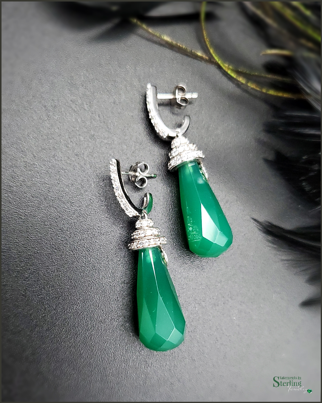 Vintage Sterling Silver Emerald Inspired Earrings and Necklace Set