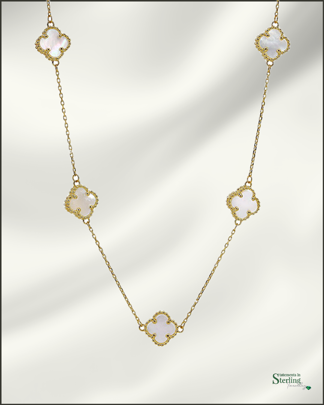 10k Gold Clover Station Necklace in Pearl