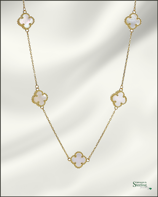 10k Gold Clover Station Necklace in Pearl
