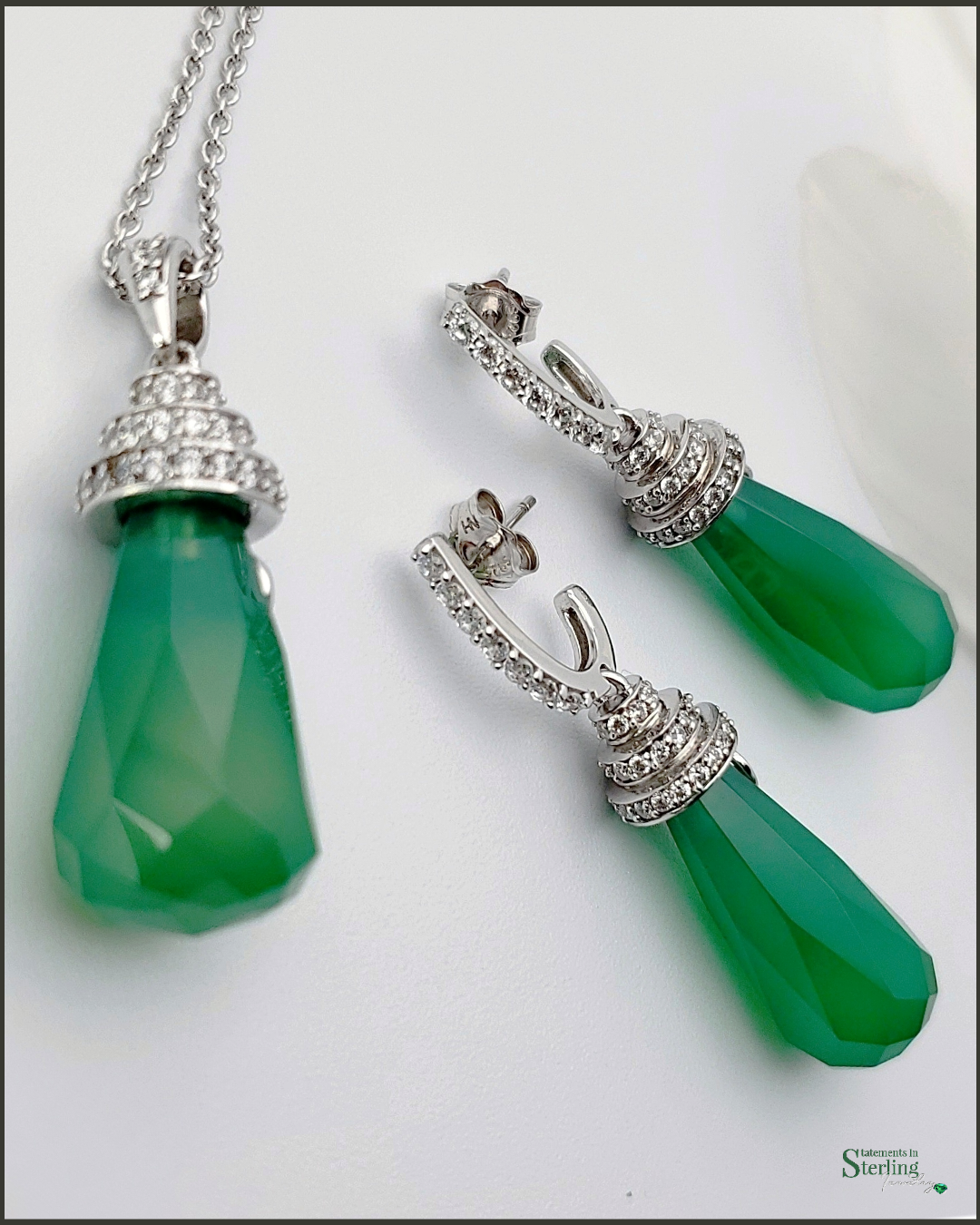 Vintage Sterling Silver Emerald Inspired Earrings and Necklace Set