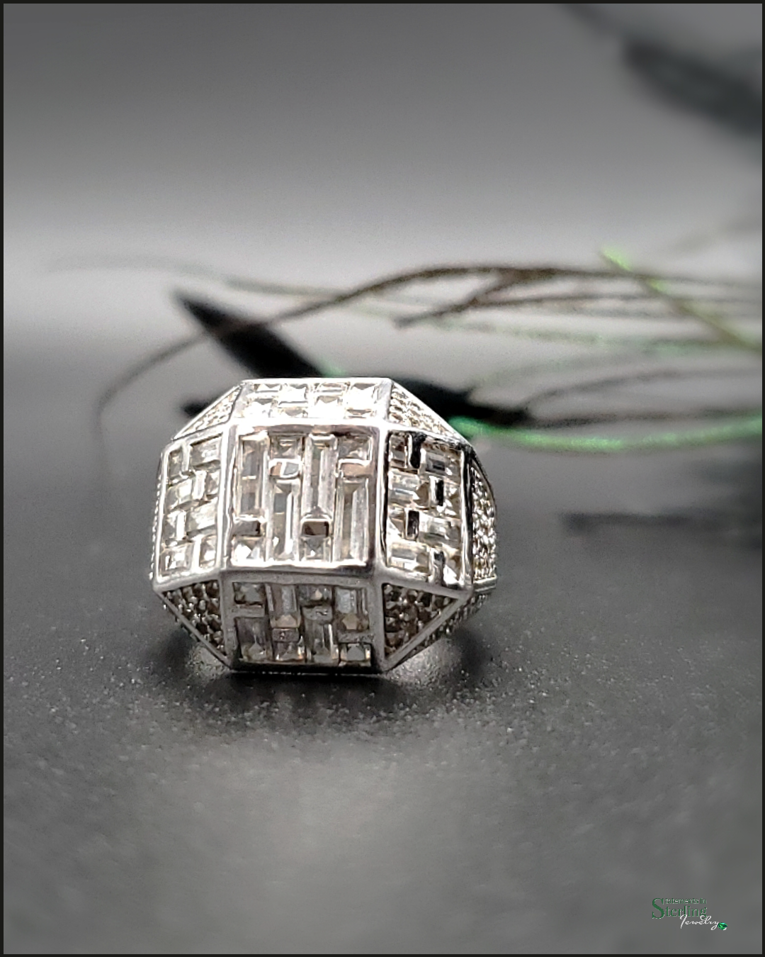 Vintage White Zircon and Sterling Silver Art Deco Ring