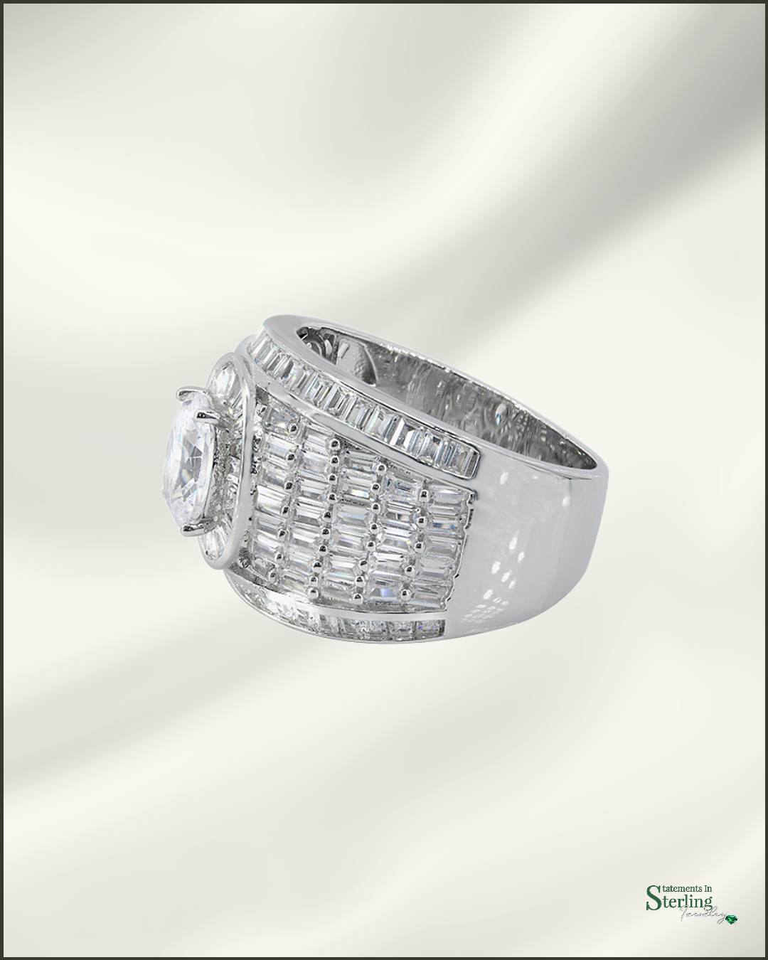 Sterling Silver Men's Cocktail Style Ring with Cubic Zirconia in Rhodium