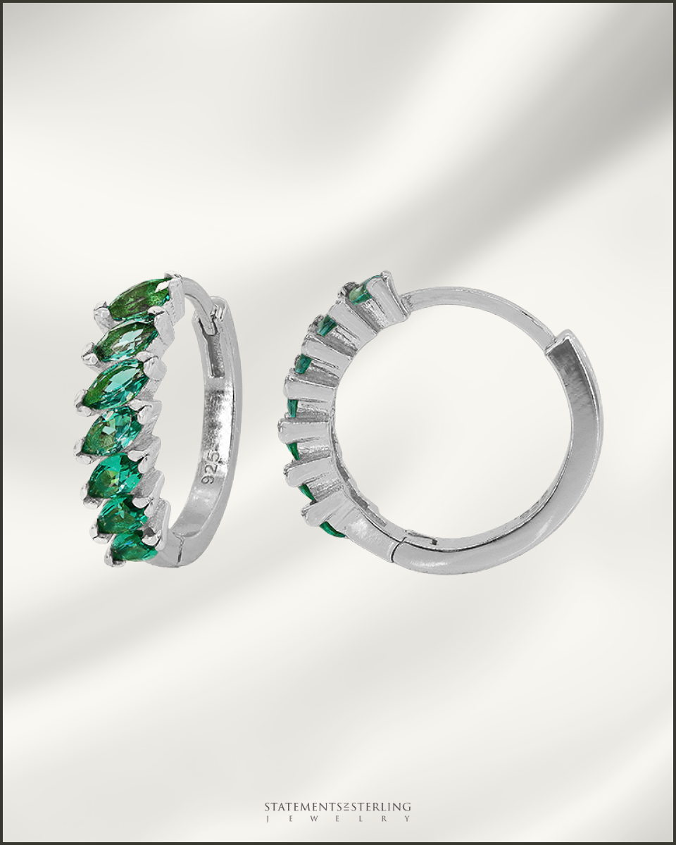 Sterling Silver Petite Hoop Earrings with Emerald Cubic Zirconia in Rhodium
