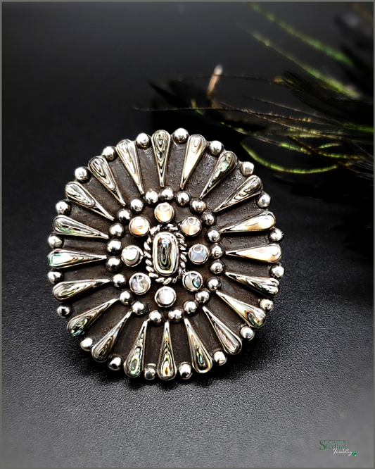 Abalone Shell Inlay and Sterling Silver Flower Adjustable Ring