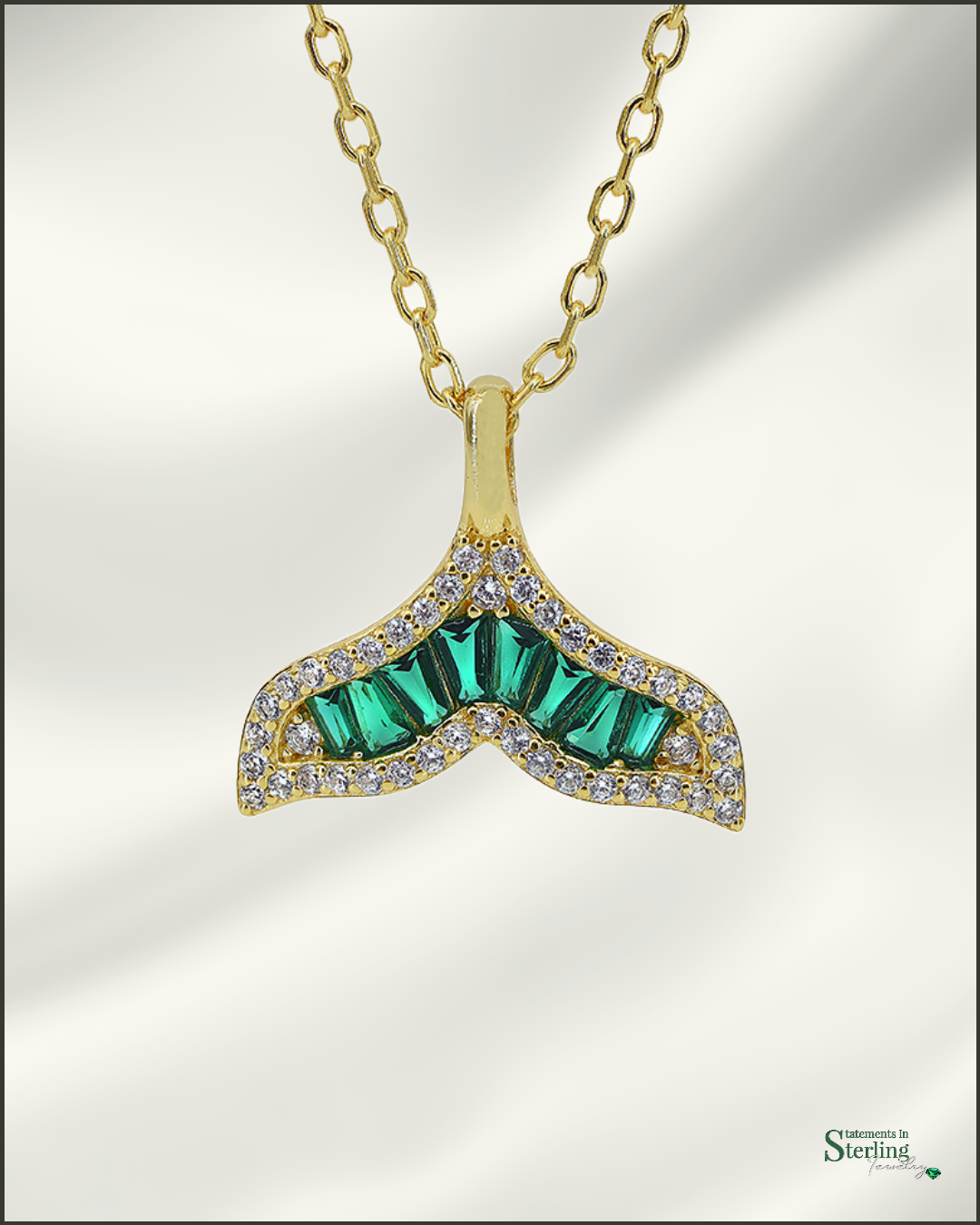 Sterling Silver Art Deco Mermaid Tail Necklace with Emerald Cubic Zirconia in Gold
