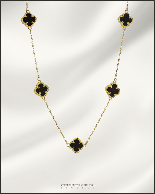 10k Gold Clover Station Necklace in Onyx