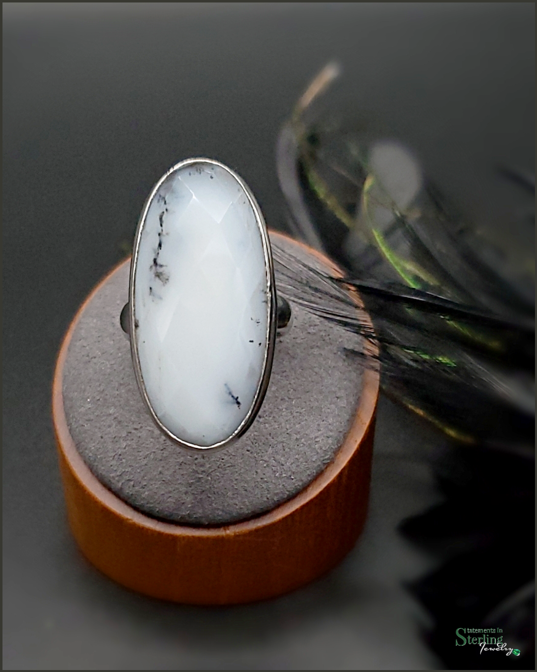 Winter Dendritic Agate and Sterling Silver Faceted Ring