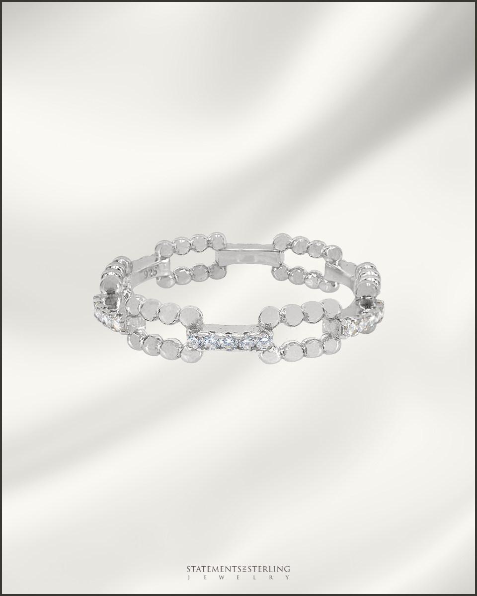 Sterling Silver Bead Ring Band with Cubic Zirconia in Rhodium