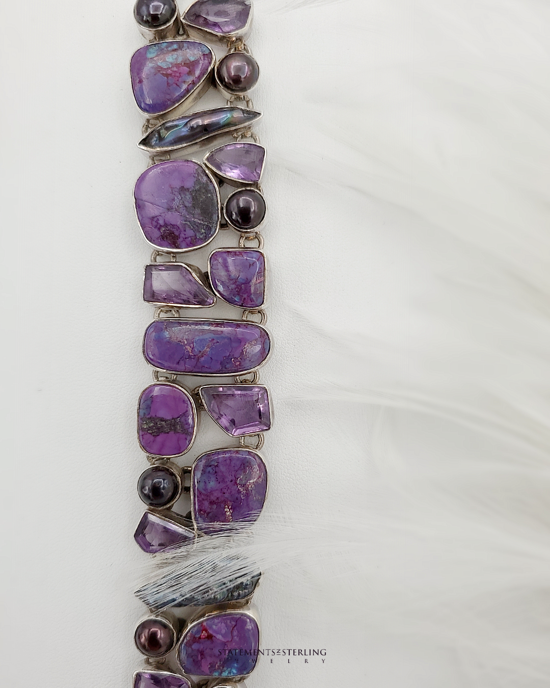 Purple Copper Turquoise, Amethyst, Biwa Pearl and Sterling Silver Bracelet