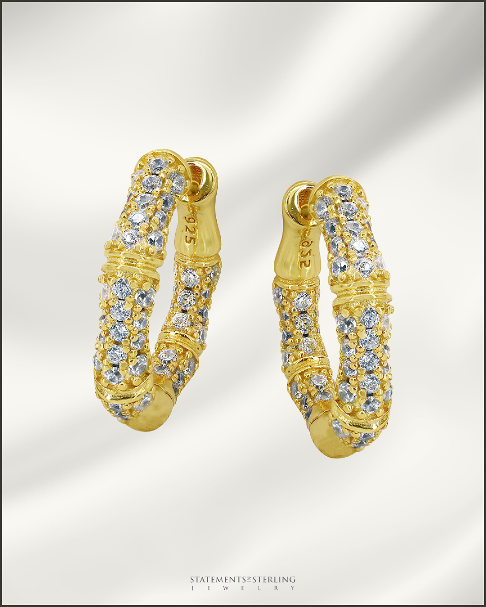 Sterling Silver Bamboo Style Hoop Earrings with Cubic Zirconia in Gold