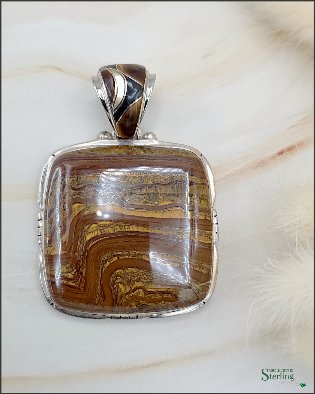 Tiger Eye Square Southwest Pendant with Gemstone Inlay