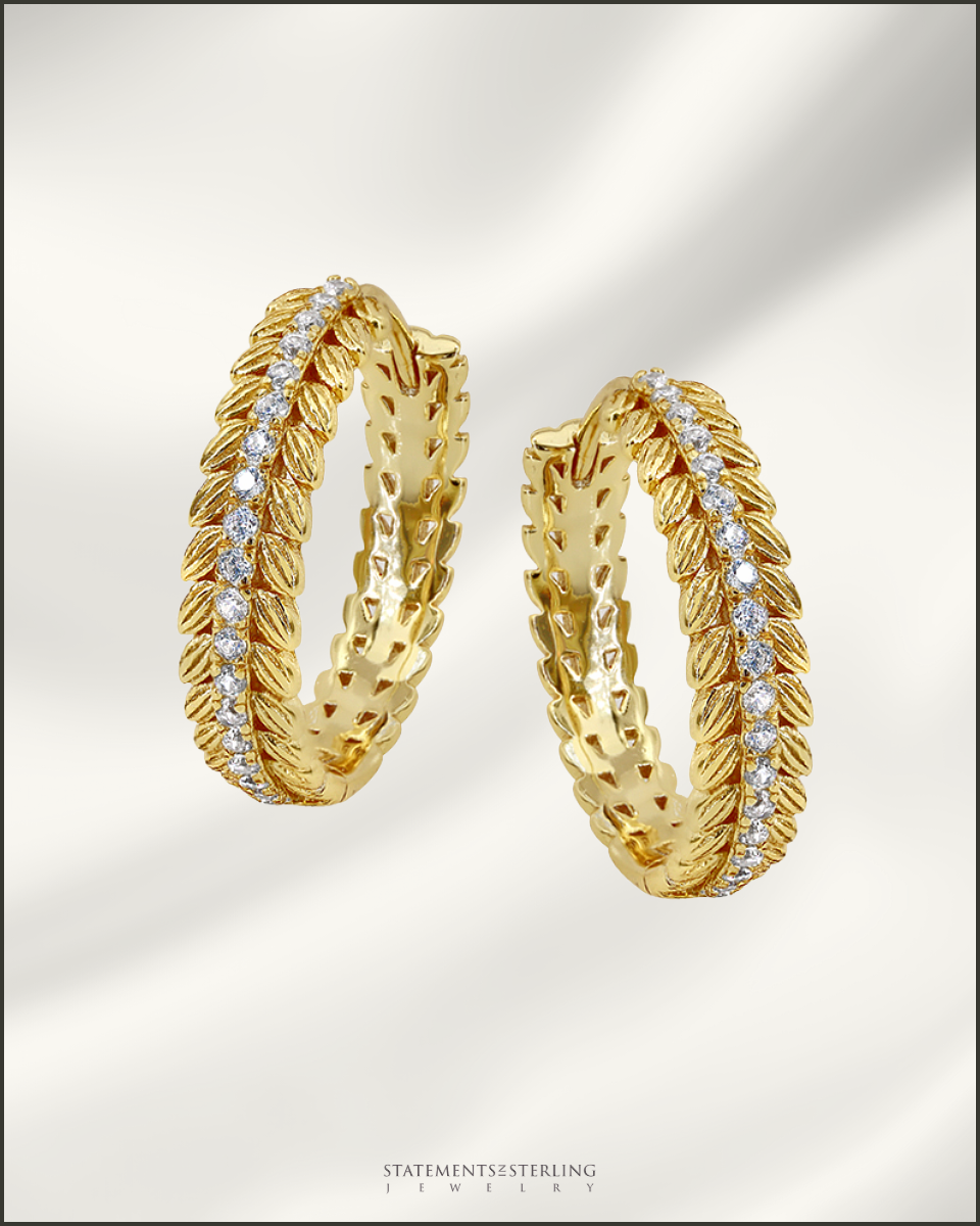 Sterling Silver Cubic Zirconia Leaf Hoop Earrings in Gold